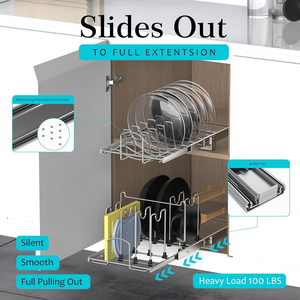 Pots and Pans Pull Out Organizer Under Cabinet, Adjustable Slide Out Pan and Pot Lid Rack Holder, Wire Dividers Kitchen Organization And Storage, Full-Extension Rail 12" W X 20" D