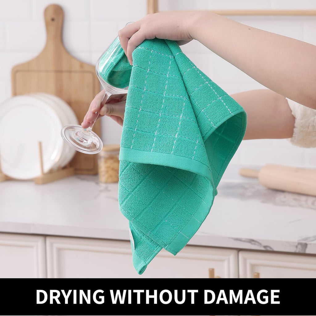 Homaxy 100% Cotton Terry Kitchen Towels(Turquoise, 13 x 28 inches), Checkered Designed, Soft and Super Absorbent Dish Towels, 6 Pack