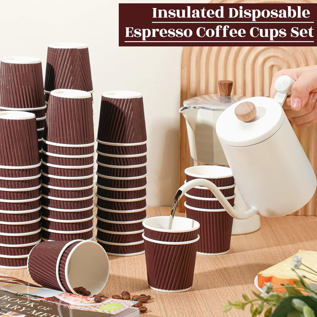 Yaomiao 200 Pcs 4 oz Disposable Espresso Coffee Cups Ripple Corrugated Paper Insulated Hot Cups for Party Cold Drinks Hot Beverage Tea(Coffee)