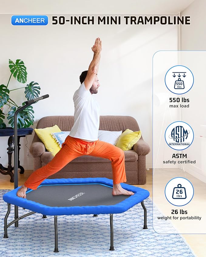 ANCHEER 50" Rebounder Trampoline for Adults- 2025 Foldable Mini Trampoline with Bar- Exercise Trampoline for Adults, Max Load 450lbs/550lbs, for Indoor/Garden Workout