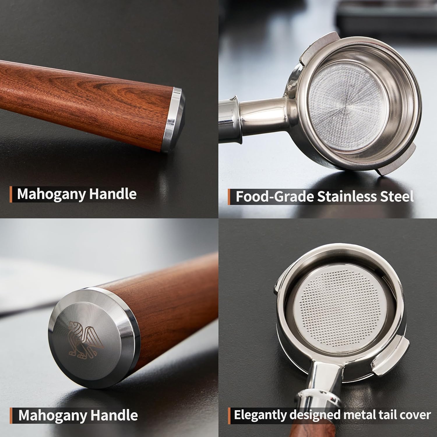 58mm Bottomless Portafilter | Fits for E61 Group Head 2 Ears machines| Stainless Steel portafilter and Mahogany Handle|Espresso Machine Accessories(Mahogany)