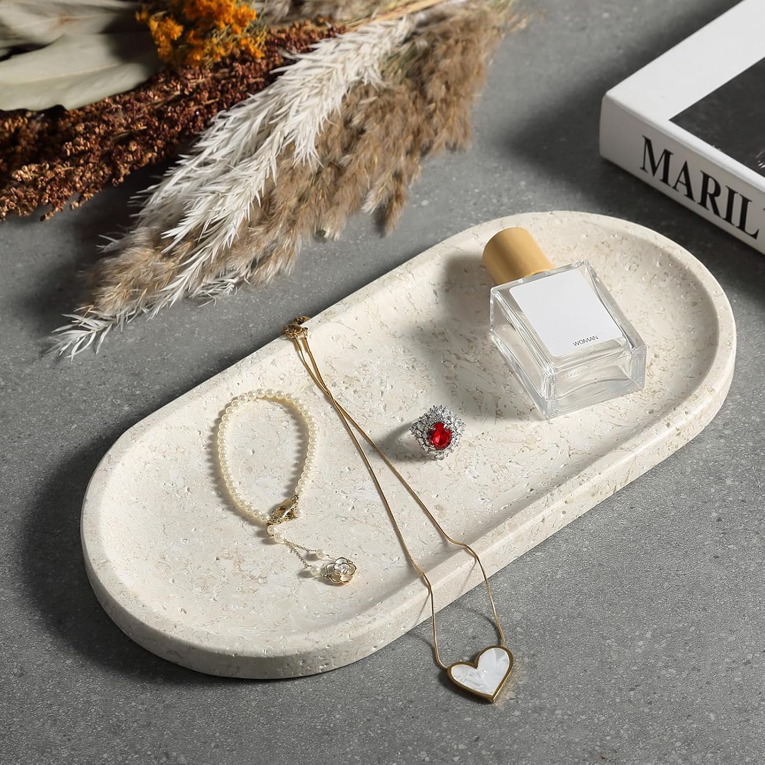 Koville Marble Tray for Bathroom Countertop, 12"x6" Beige Marble Vanity Storage Trays for Perfume, Cosmetics, Jewelry, Stone Tray for Kitchen, Decorative Trays for Dresser Organizer