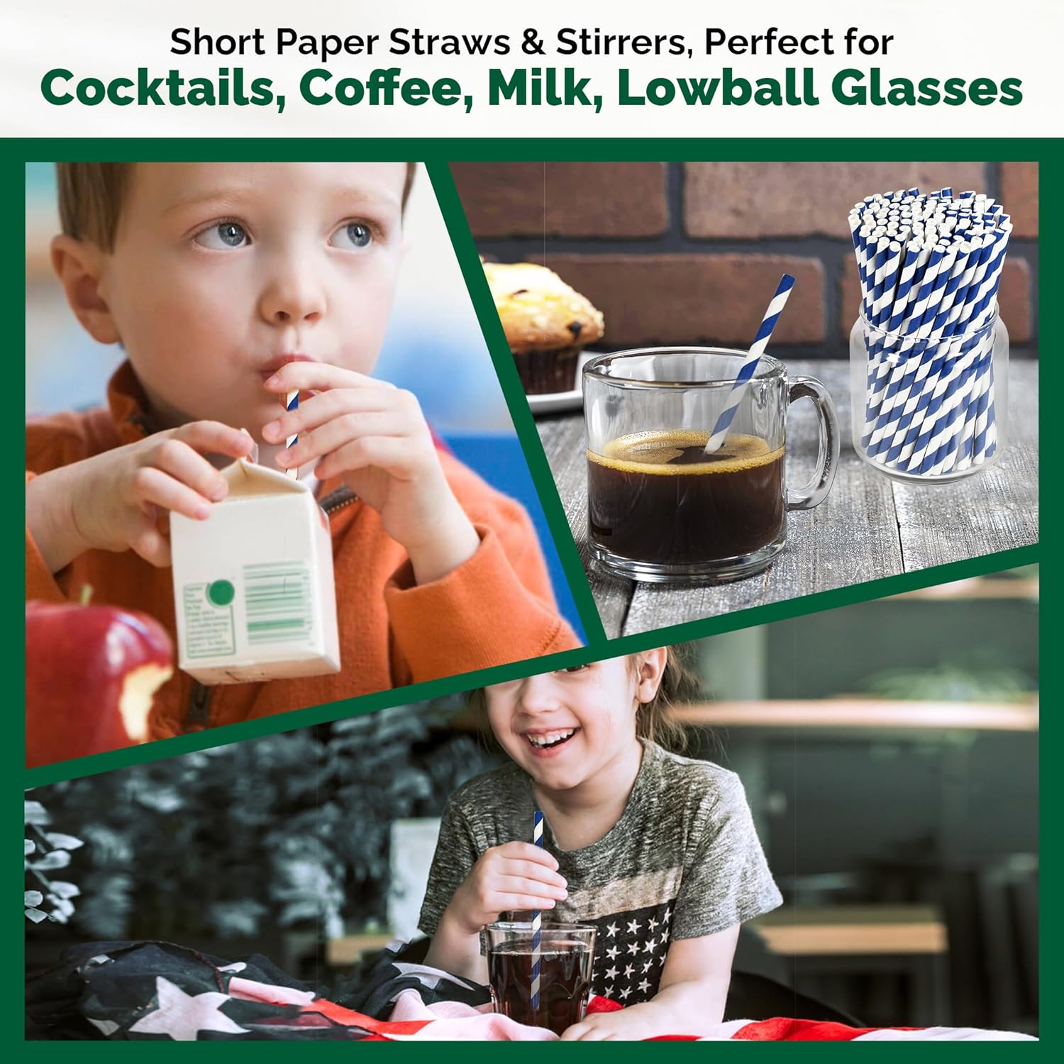 5.75 inch Navy Blue Short Paper Cocktail Straws & Stirrer Sticks 500 Counts - for Bars and Restaurants