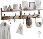 Coat Rack with Shelf Wall Mount, Entryway Bamboo Hanging Shelf, Set of 2, Wall Hook Rail for Hallway Décor, Storage Clothe, Hat, Robe, Key, Dog Leash (Walnut)