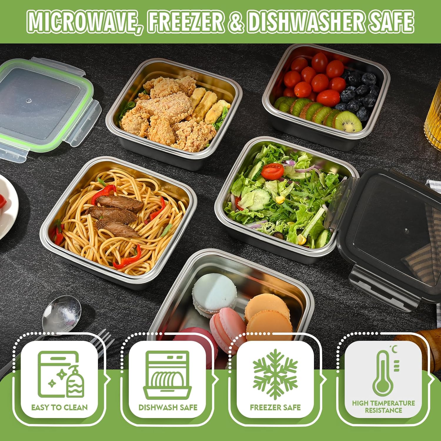 3 Pack Sandwich Containers, 24oz Stainless Steel Sandwich Box with Airtight Lids, Reusable Metal Meal Prep Lunch Boxes, BPA-Free, Dishwasher Safe, Food Storage Containers for Families (Green)