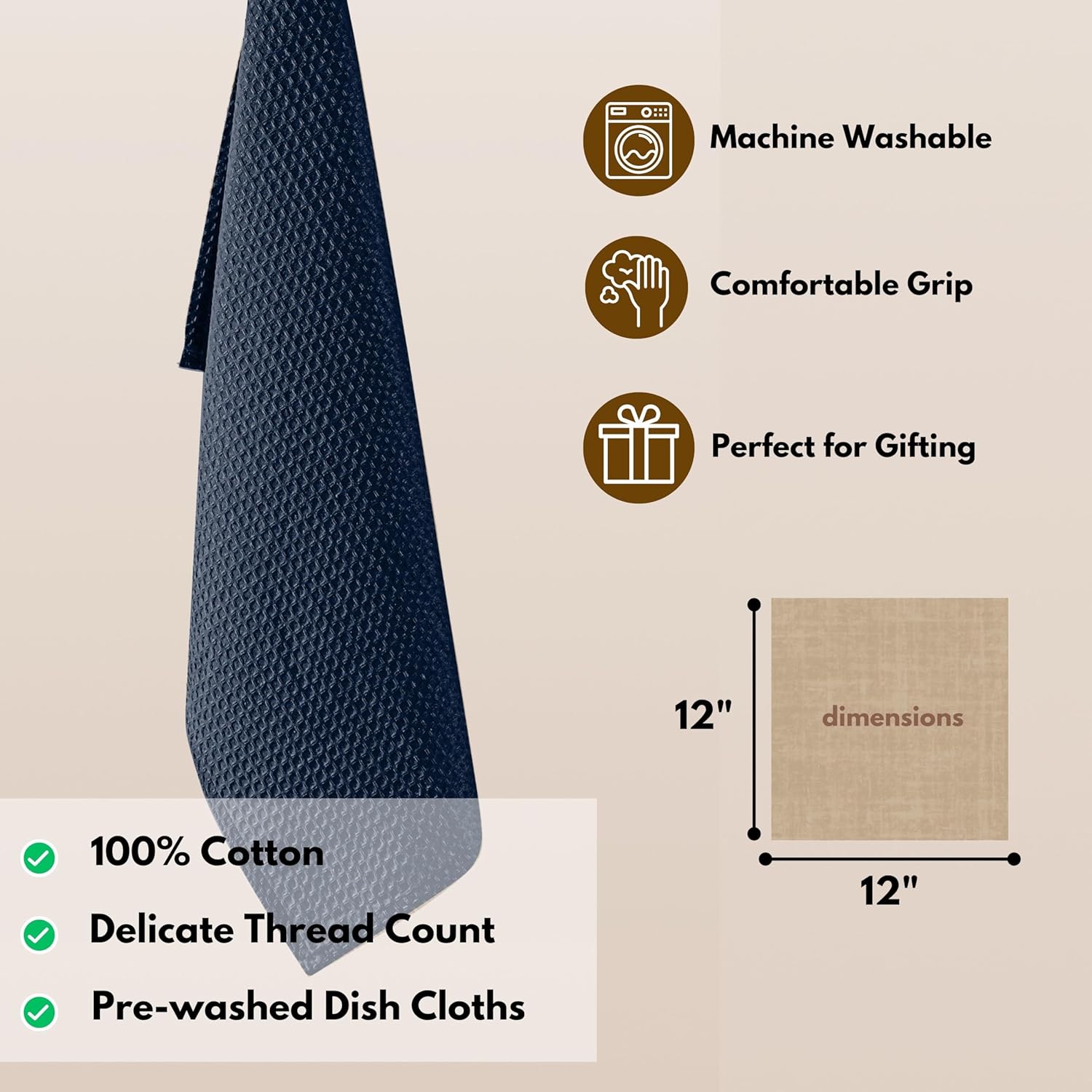 Native Fab 12 Pack Waffle Dish Cloths - 100% Cotton, Absorbent, Quick Drying, Reusable Towels for Cleaning, Cooking, Baking - Great for Home, Restaurants, Versatile Use - 12"x12" - Navy Blue