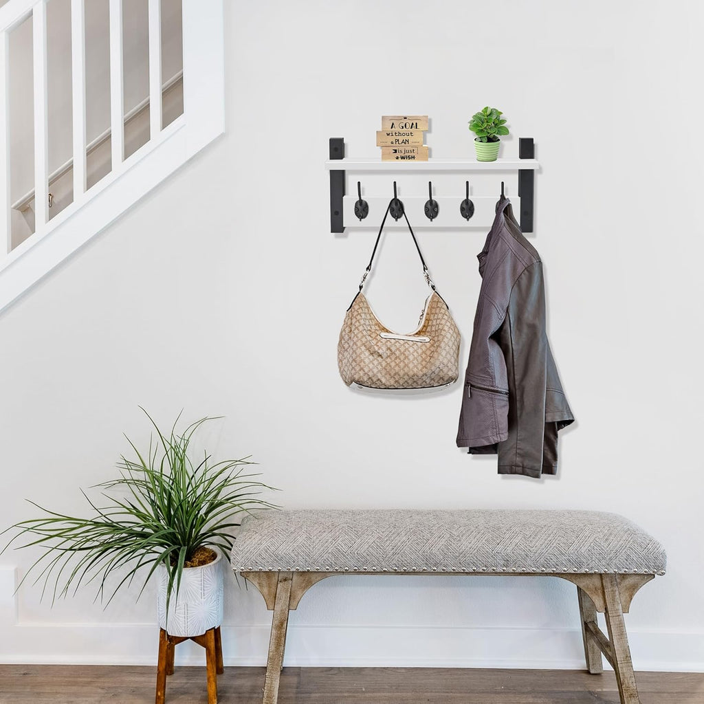 Sorbus Coat Hooks Wall Mount with Shelf – 16 Inch Coat Rack Wall Mount with 5 Heavy Duty Hooks – Floating Wall Shelf with Hooks for Entryway, Bathroom, Bedroom, Kitchen, or Mudroom (White)