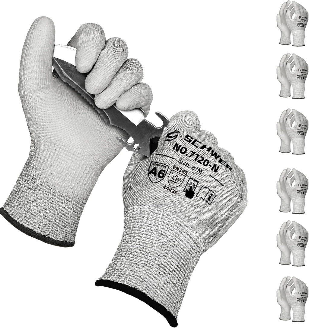 Schwer 6 Pairs ANSI A6 Cut Resistant Gloves CR7120 Cut Proof Work Gloves, Touchscreen, for Men and Women Used for Woodworking, Glass Cutting, Construction, Cargo Handling, Car Repair, M