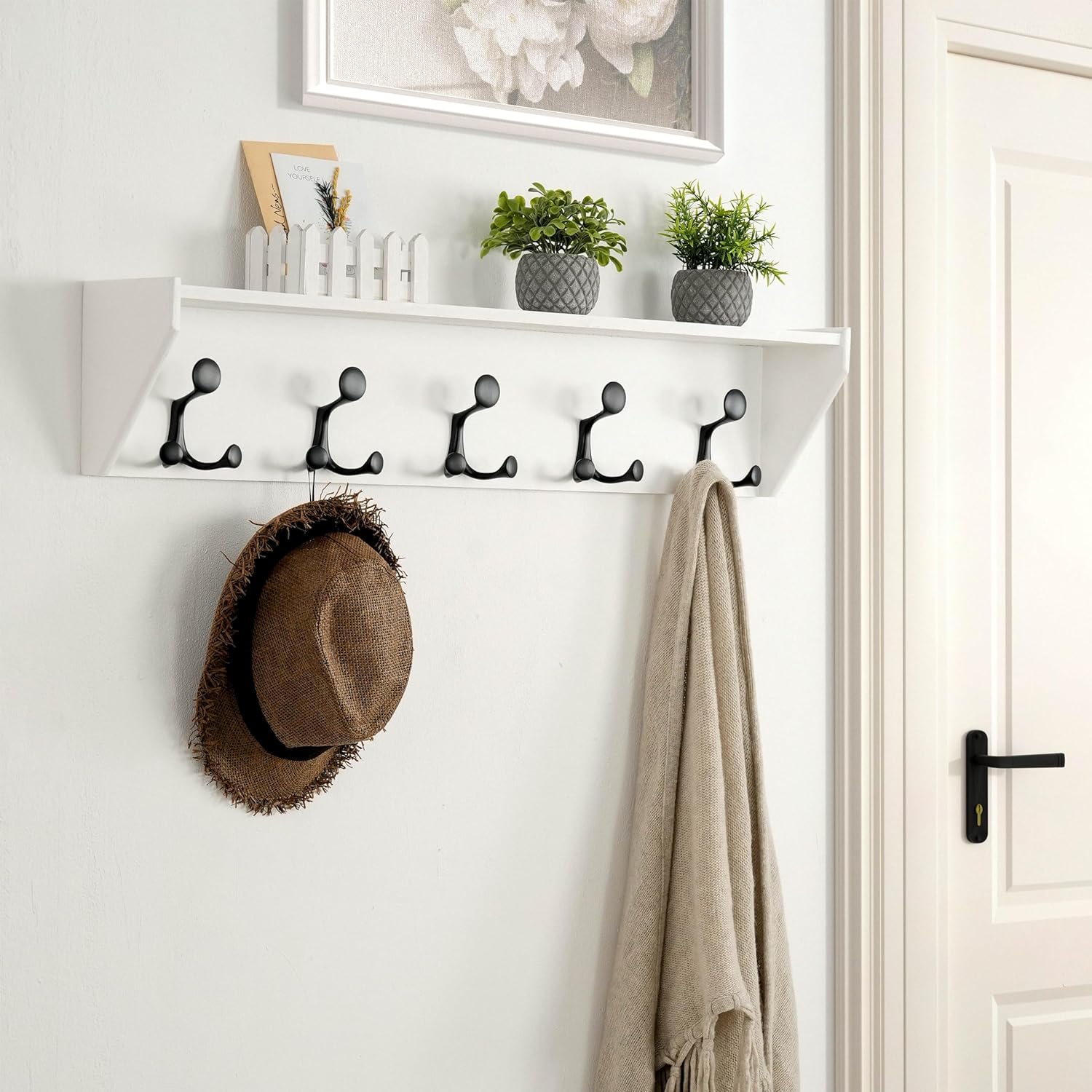 SKOLOO Wall Shelf with Hooks, 35-Inch White Coat Rack Wall Mount with Shelf Organizer - Lightweight & Sturdy, 5 Tri Hooks - Perfect for Entryway, Hallway, Living Room, Bedroom, Mudroom