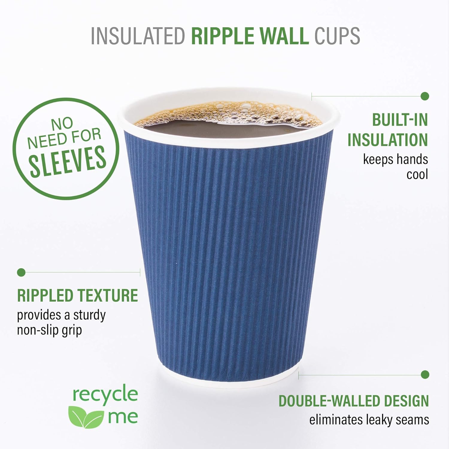 Restaurantware 4 Ounce Ripple Wall Disposable Coffee Cups, 500 Insulated Blue Paper Tumblers with Rolled Rim Design, Lids Sold Separately for Hot Drinks like Tea, Hot Chocolate and More