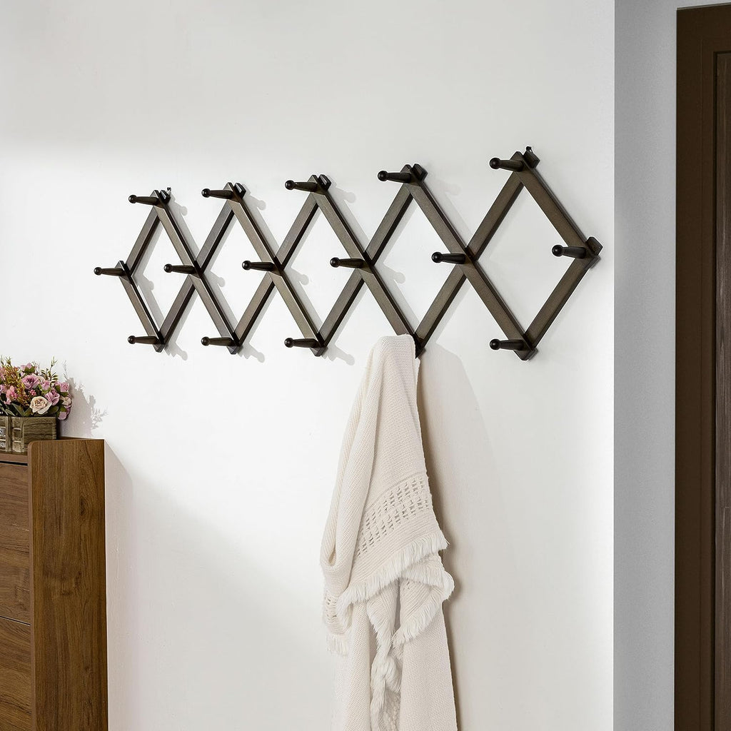 Dseap Accordion Wall Hanger:16'' High Wooden Wall Expandable Coat Rack,Hat Rack Holder,Accordion Hook for Baseball Caps,Coats,16 Peg Hooks,Dark Walnut