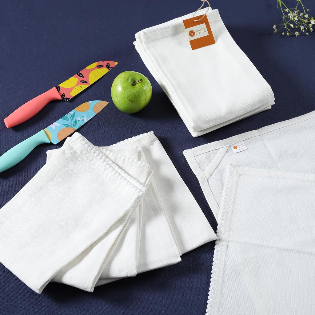 TARAN LIVING Kitchen Towels 100% Cotton Solid Kitchen Dish Cloths, Valentine Decor Hand Towel Reusuable Dish Towel for Cleaning & Drying Tea Towels Set with Hanging Loop - 18"x 28", Pack of 6 - White