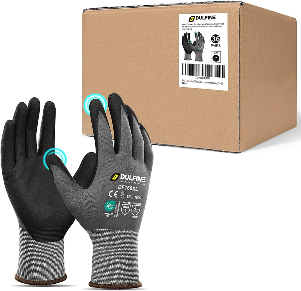 DULFINE Safety Work Gloves MicroFoam Nitrile Coated-36 Pairs Pack,Seamless Knit Nylon Glove with Black Micro-Foam Nitrile Grip,Ideal for General Purpose,Automotive,Home Improvement,Painting(X-Large)