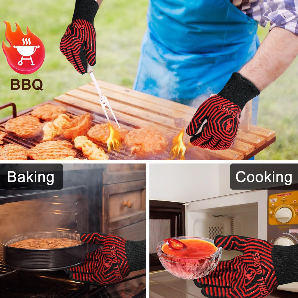QUWIN BBQ Gloves, BBQ Accessories 1472℉ Extreme Heat Resistant, Grilling Gloves Silicone Non-Slip Oven Mitts, Kitchen Gloves for BBQ, Grilling, Cooking, Baking-1 Pair 11inch, Red