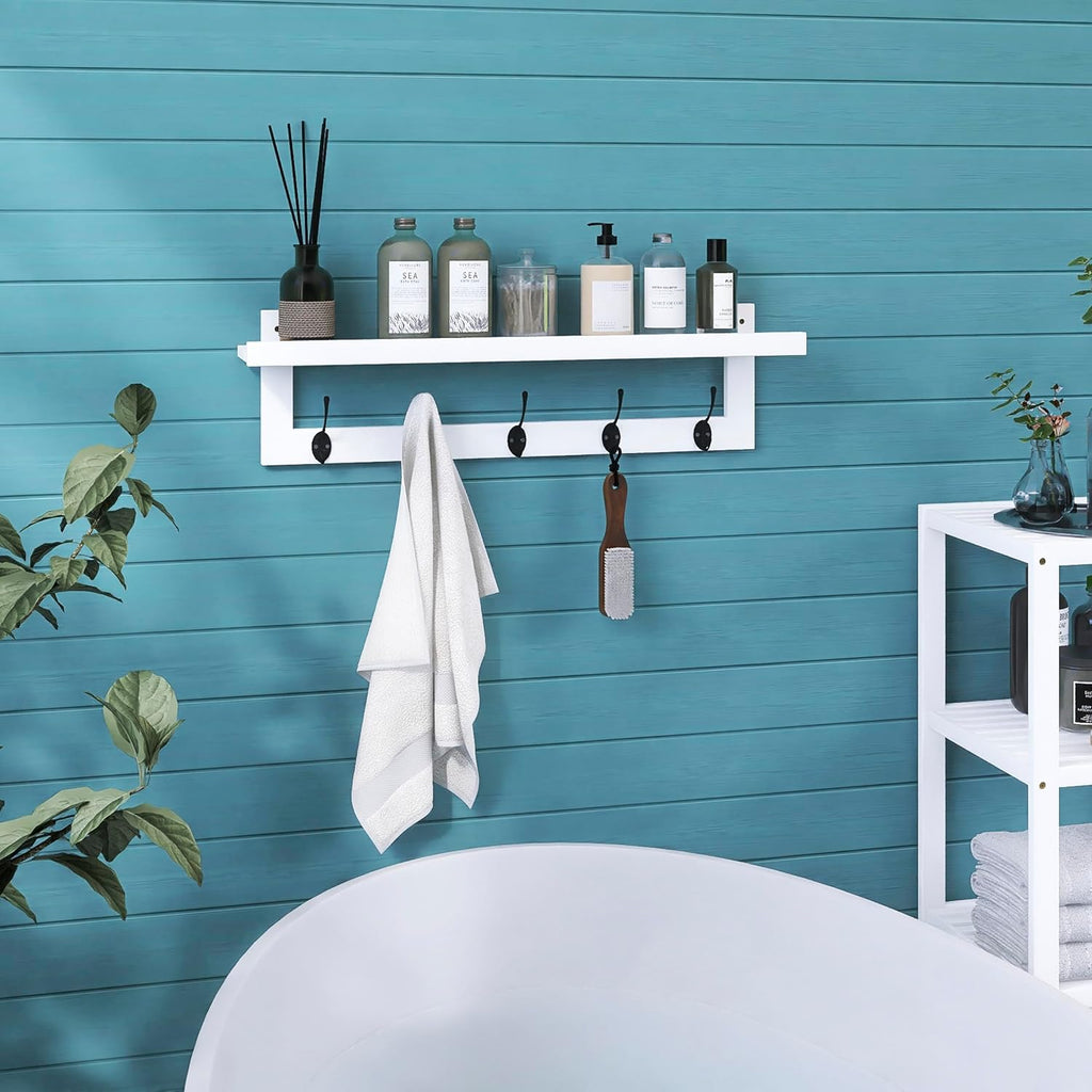 SMIBUY Coat Hooks with Shelf Wall-Mounted, 29.2 Inch Entryway Coat Rack for Wall, Bamboo Hanging Shelf with 5 Double Metal Hooks for Bathroom, Bedroom, Kitchen, Living Room (White + Black)