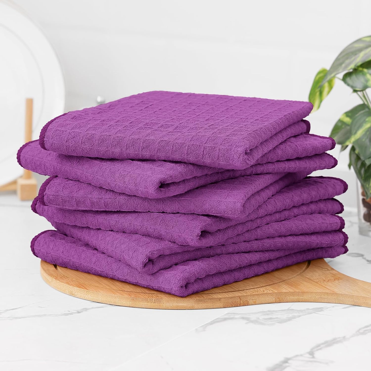 Homaxy Microfiber Waffle Weave Kitchen Towels, 16 x 28 Inch Ultra Absorbent and Solid Color Dish Towels, 6 Pack, Purple