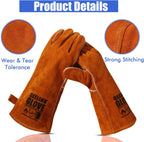 QeeLink Welding Gloves - Heat Resistant Leather and Fireproof Stitching for Fireplace Fire Pit Wood Stove BBQ Gardening Gear