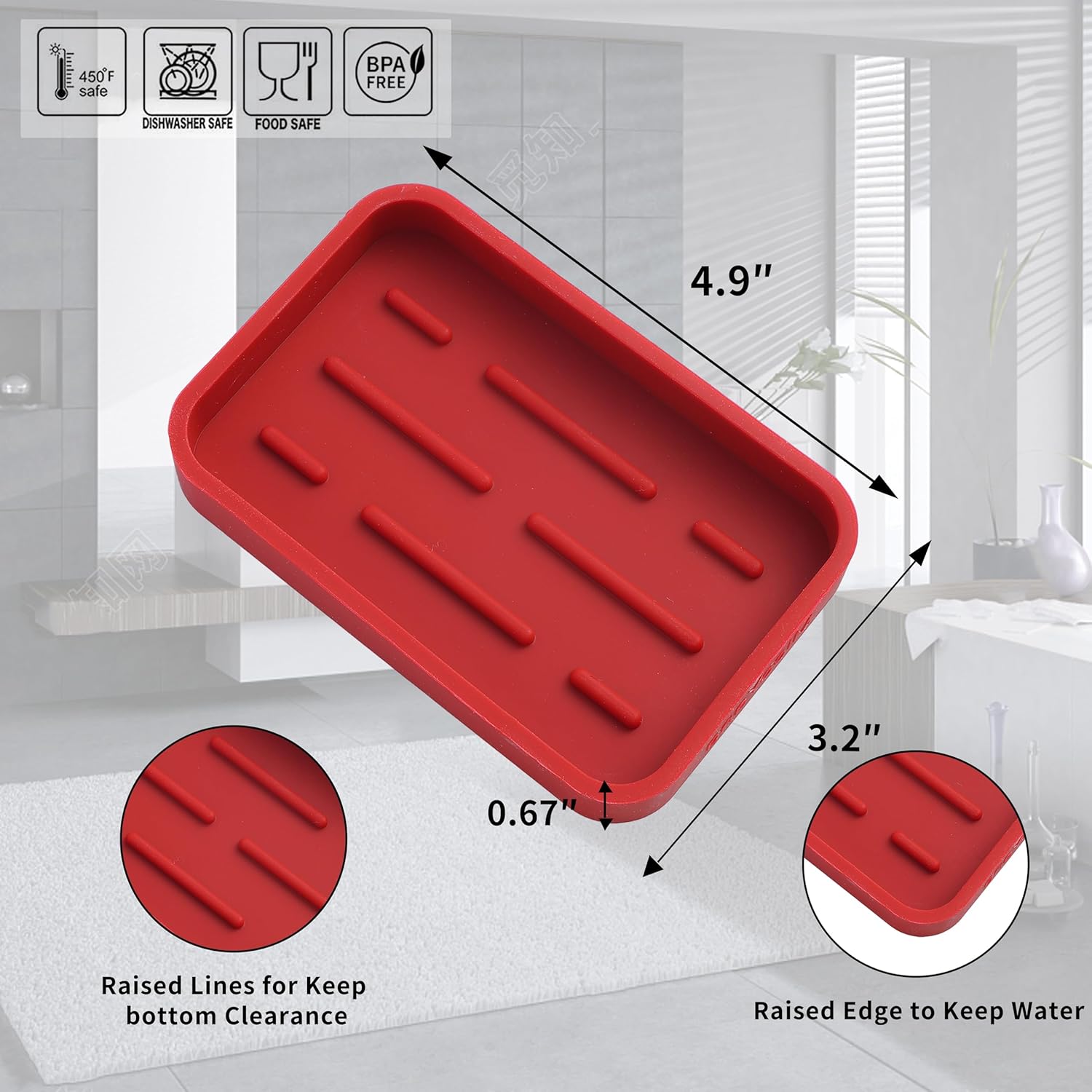 Silicone Kitchen Sink Organizer Tray for Multiple Usage,Easy Clean Sponges Holder for Kitchen Bathroom Counter or Sink,Dish Soap Dispenser,Scrubber,Bottle,Cup Red 4.9”x 3.2”