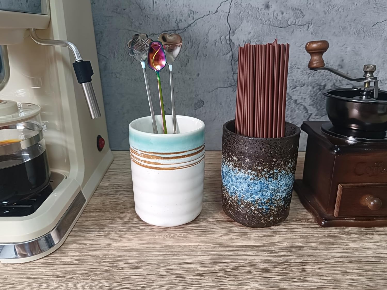Stoneware Coffee Bar Utensil Holder Tea & Coffee Spoon & Stirrer Holder for Stir Stick Straw Teaspoon Holder Spoon Cup Small Utensil Jar (Coastal beach)