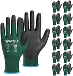 KAYGO Safety Work Gloves PU Coated,12 Pairs KG11PB Seamless Knit Glove for Men and Women, with Smooth Grip on Palm and Fingers, Ideal for General Duty Work (Medium,Dark Green)