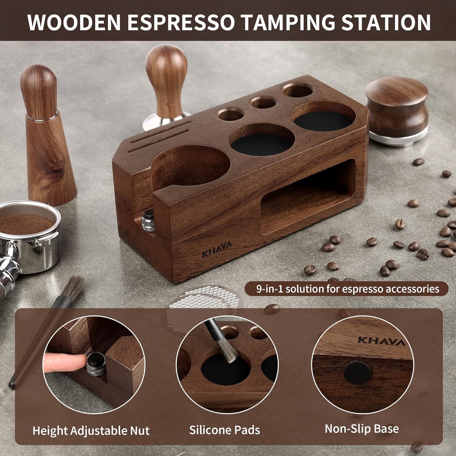 KHAVA Espresso Tamping Station | Wooden Coffee Tamper Station 51-54 mm | Espresso Organizer & Portafilter Holder | Coffee Station Organizer for Countertop | Espresso Accessories for Coffee Bar, Brown