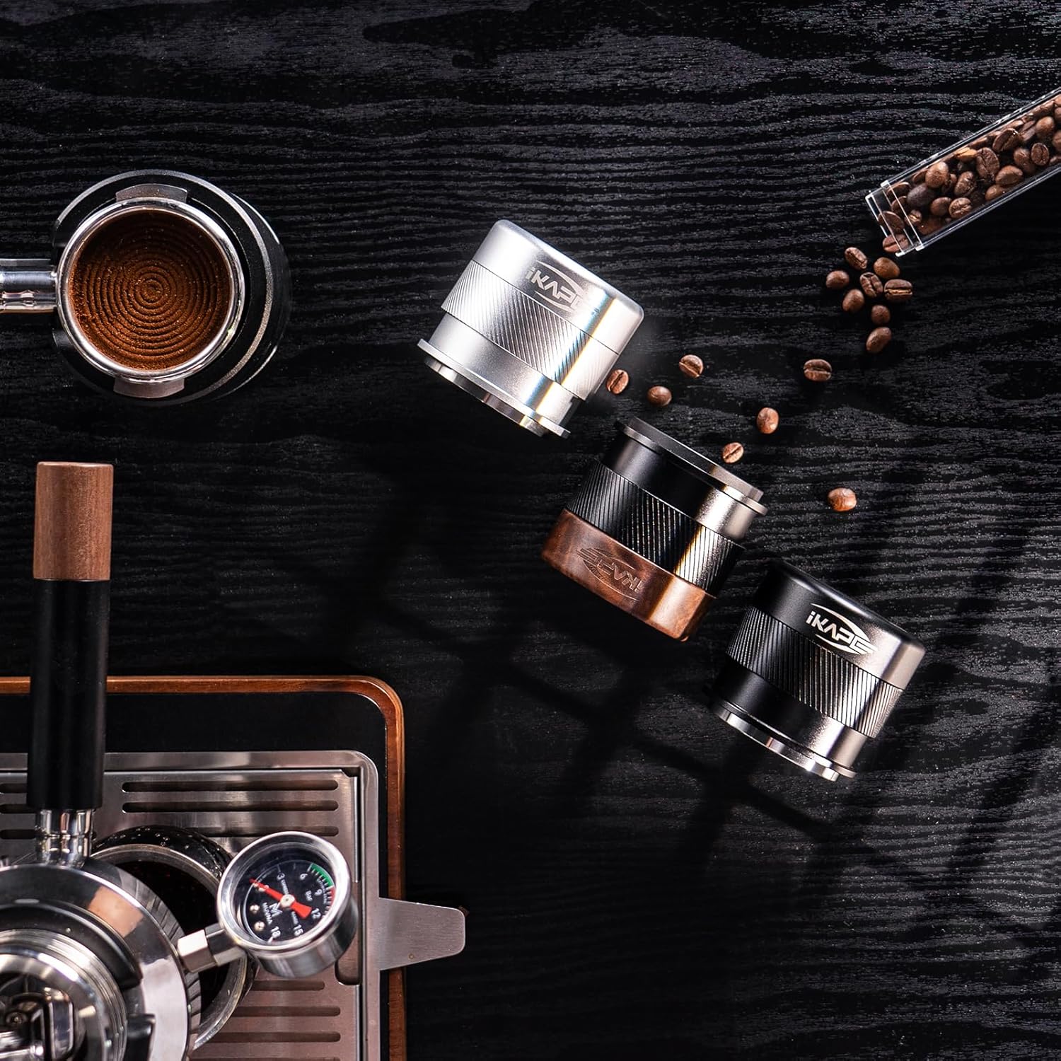 IKAPE 58MM Espresso Tamper, New Wooden Handle Design，Premium Barista Coffee Calibrated Tamper with Spring Loaded, 100% Stainless Steel Tamper Compatible with All 58MM Bottomless Portafilter