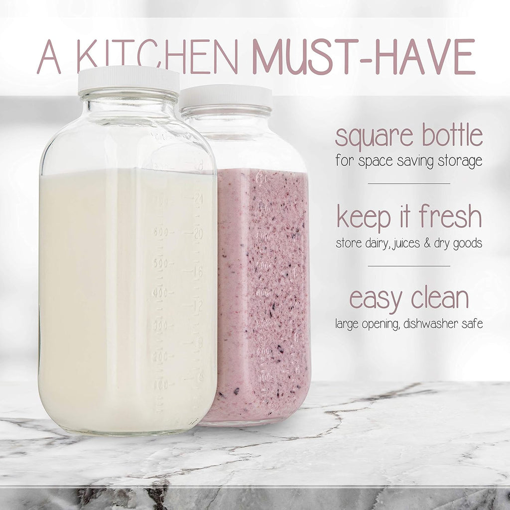 kitchentoolz 32oz Square Glass Milk Bottle with Plastic Airtight Lids Vintage Reusable Quart Sized Dairy Drinking Containers for Milk, Yogurt, Smoothies, Kefir, Kombucha, and Water- Pack of 2