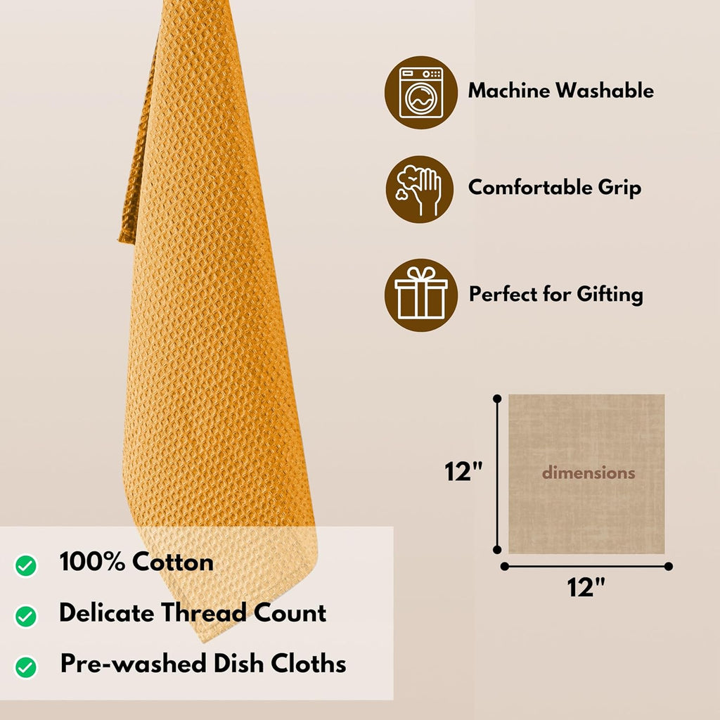 Native Fab 18 Pack Waffle Dish Cloths - 100% Cotton, Absorbent, Quick Drying, Washable Towels for Cleaning, Cooking, Baking - Great for Home, Restaurants, Bars & Cafes - 12 x 12 inch, Mustard Yellow