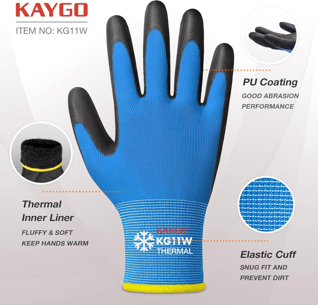 KAYGO Winter Work Gloves for Men and Women, 12 Pairs Thermal Insulated Safety Work Gloves PU Coated, Smooth Grip on Palm & Fingers,Ideal for Freezer Work,Blue,L