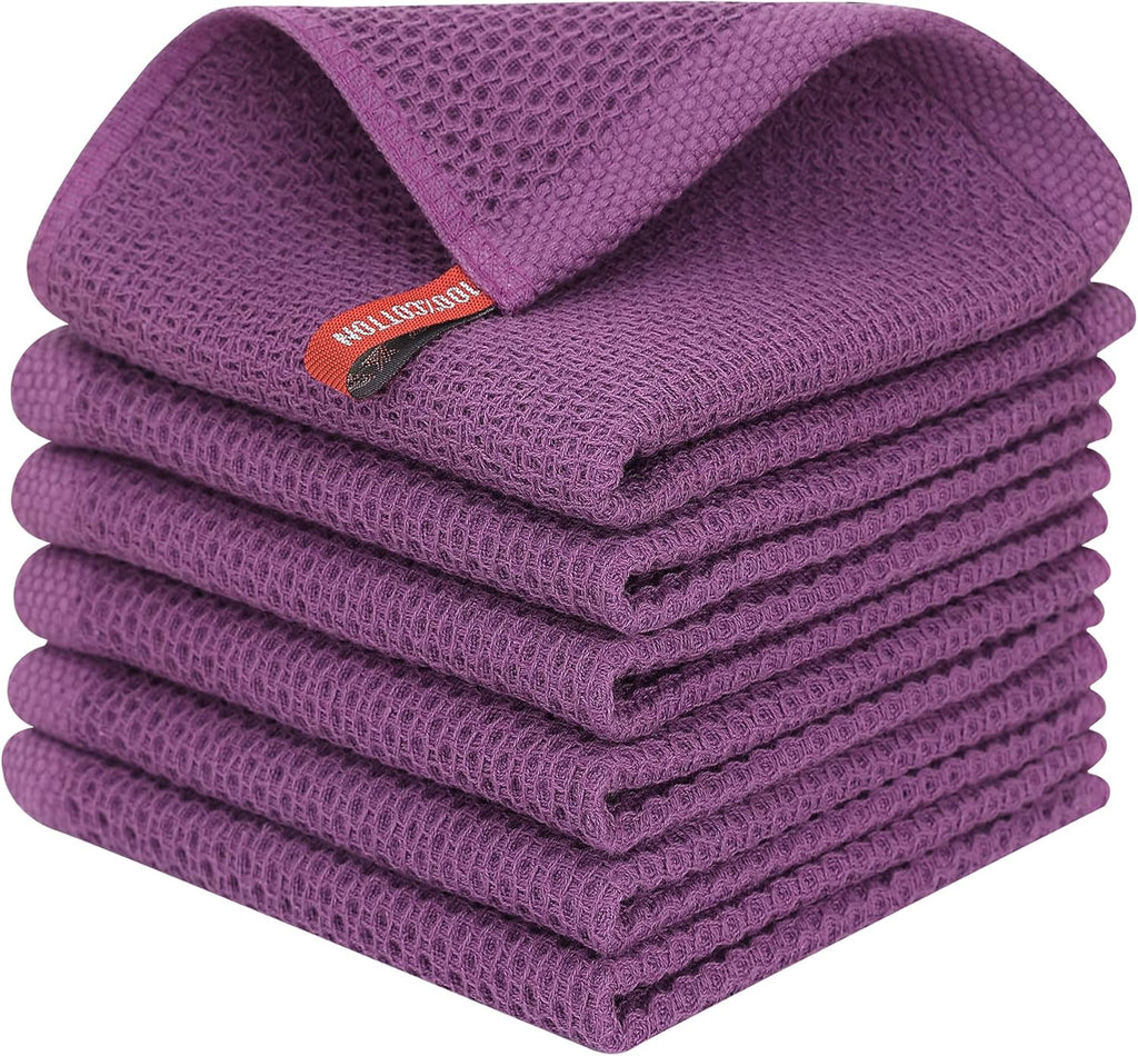 Kitinjoy 100% Cotton Kitchen Dish Cloths, 6 Pack Waffle Weave Ultra Soft Absorbent Dish Towels for Drying Dishes Quick Drying Kitchen Towels Dish Rags, 12 X 12 Inches, Violet