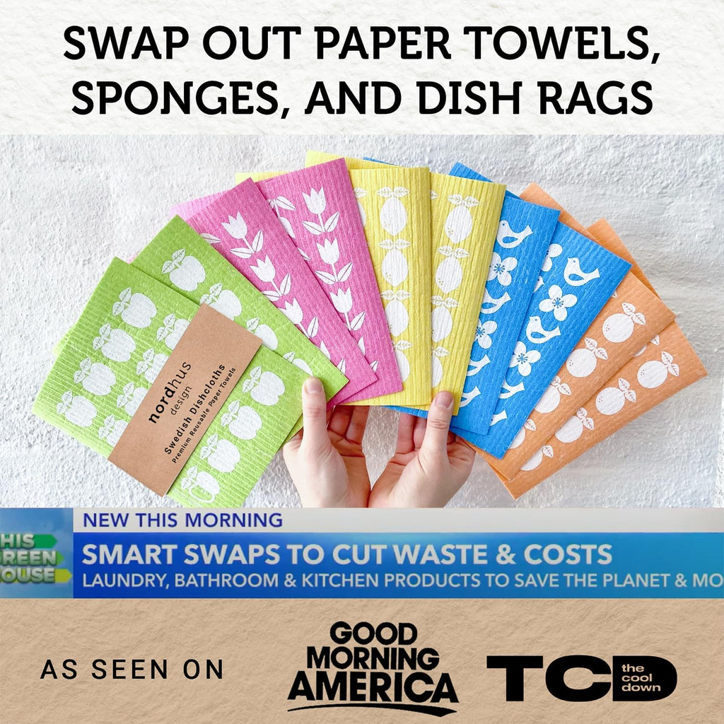 Nordhus Design Swedish Dishcloths,10 Cloths, Made in Sweden - Reusable, Washable Cellulose Cotton Kitchen Cloths - Replace Paper Towels, Wipes, Sponges, Dish Rags