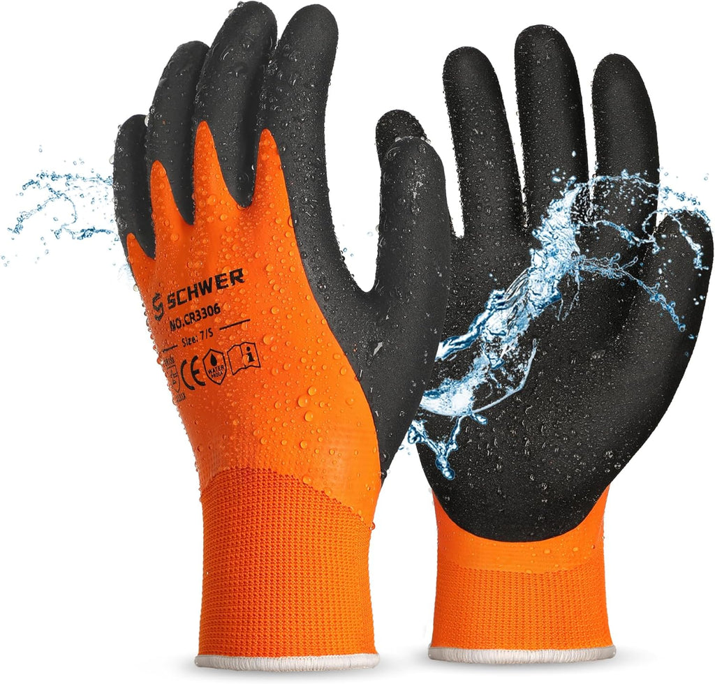 Schwer 2 Pairs Waterproof Work Gloves for Men and Women CR3306, Gardening Gloves with Double Latex Coated, Non-slip Working Gloves for Garden, Outdoor Construction, Car and Fish Cleaning, S