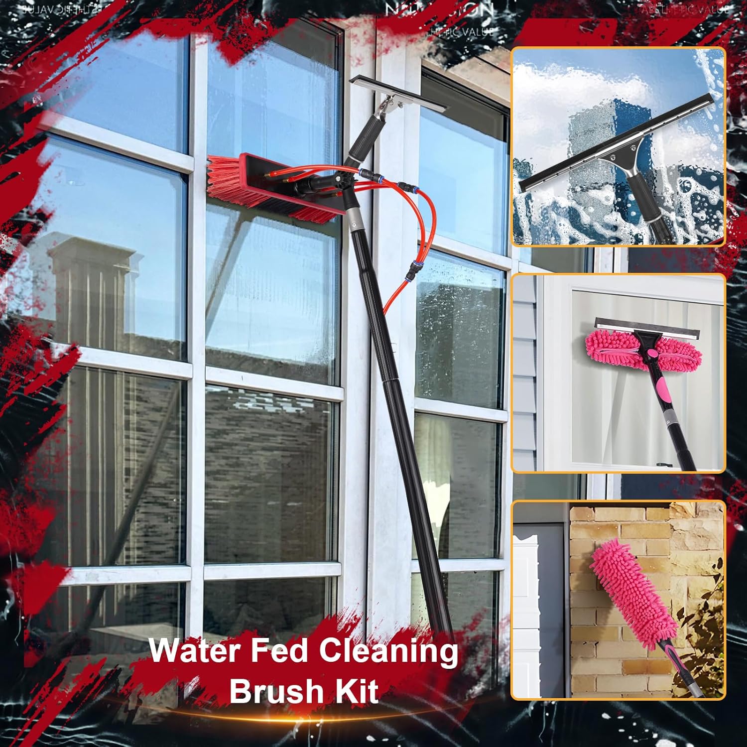 40ft Water Fed Pole Kit, Rotatable Solar Panel Cleaning Brush & Squeegee, 2 Dusting Brushes, Extendable Black Lightweight Pole for Roof Window