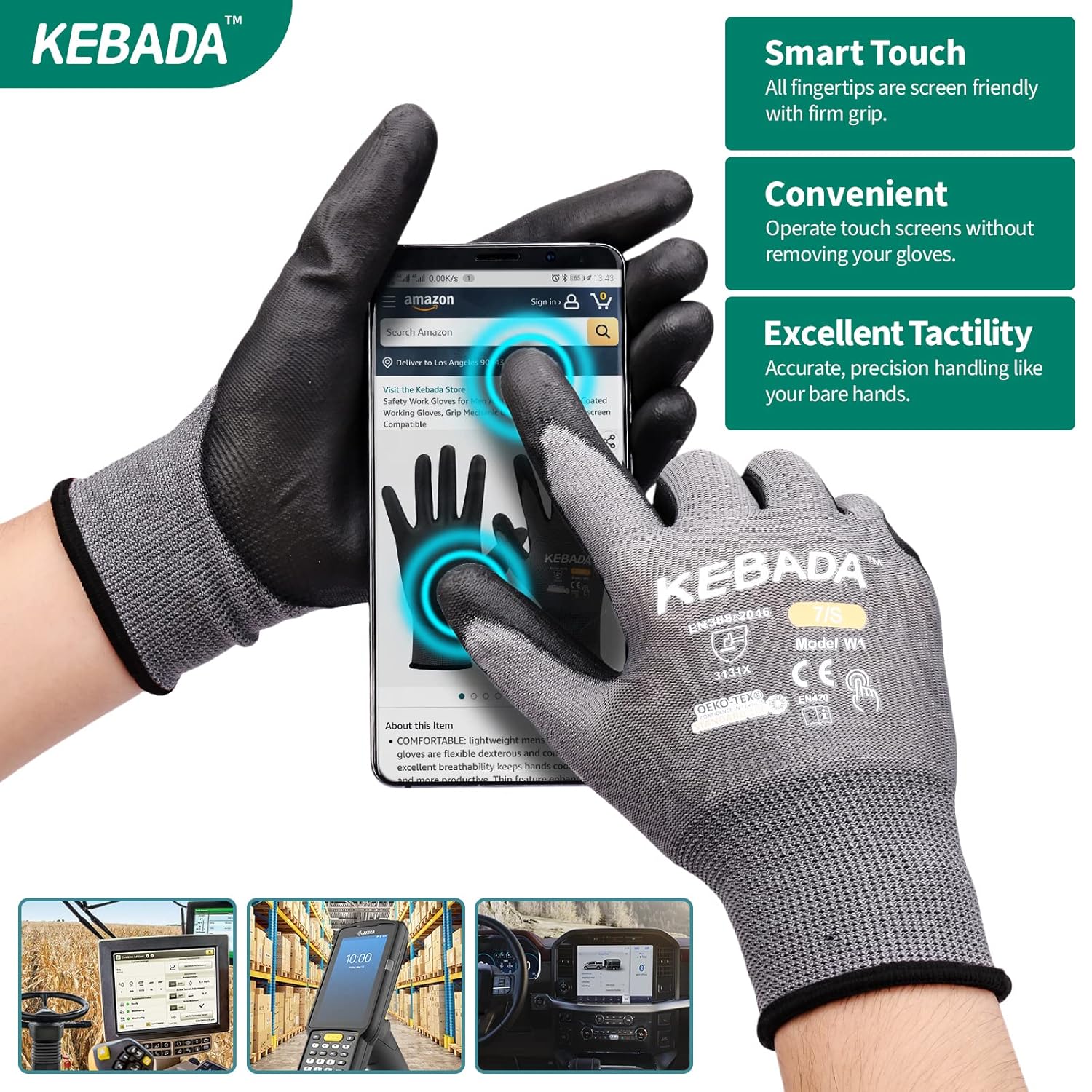 Kebada W1 Work Gloves for Men and Women, PU Coated Safety Gloves with Grip, Touchscreen, Ideal for Warehouse Package Handling, Construction, Gardening, 12 Pairs Gray XXL