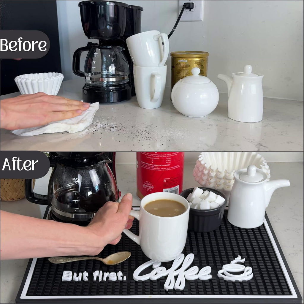 But First Coffee Mat for Countertop, Rubber Bar Mat and Coffee Bar Sign 18 x 12 in, Kitchen Accessories for Countertop, Bar Mats for Bartending