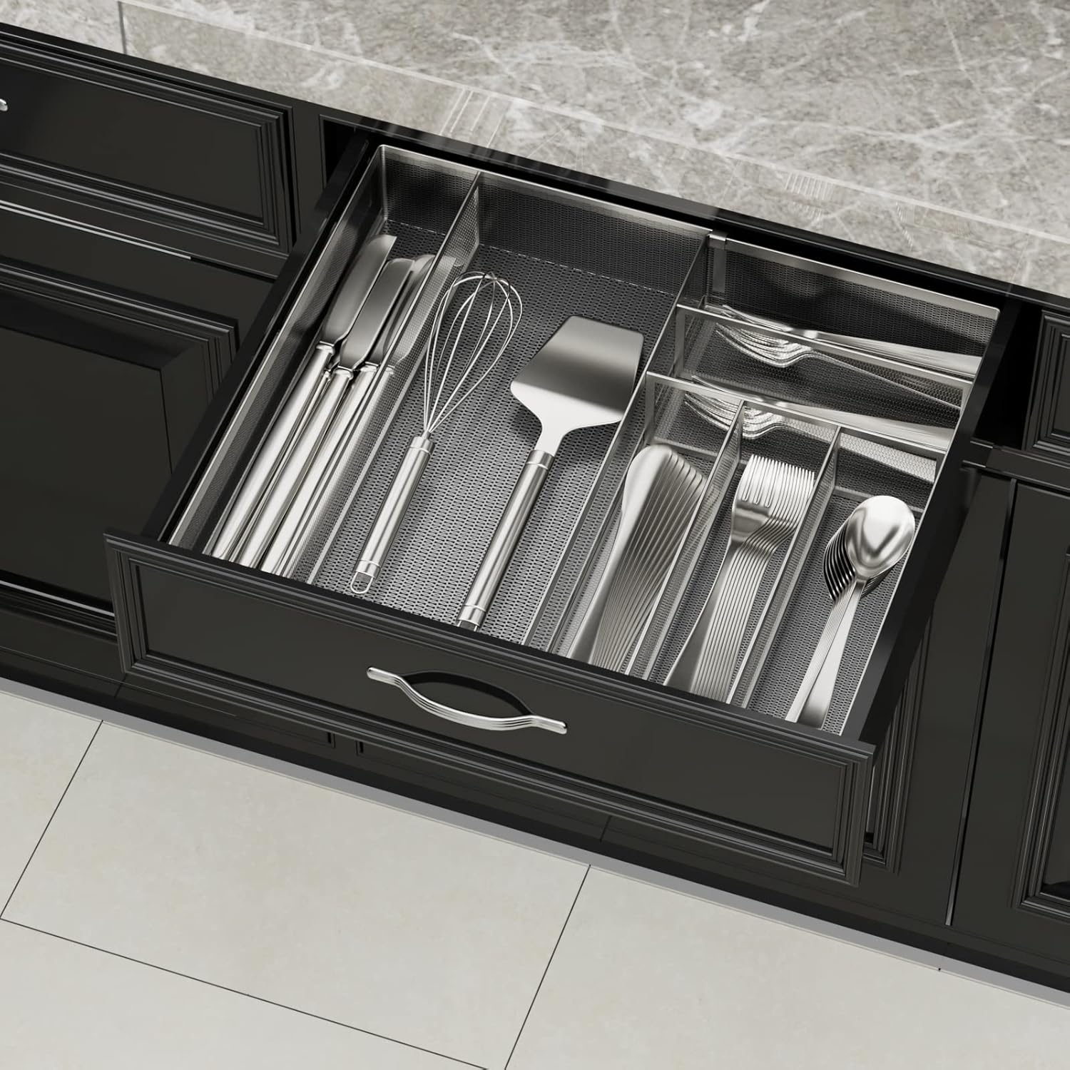 JANE EYRE Utensil Drawer Organizer - Expandable Cutlery Tray, Silverware/Flatware Storage Divider for Kitchen, Mesh Designing with Non-slip Rubber Feet (Silver)