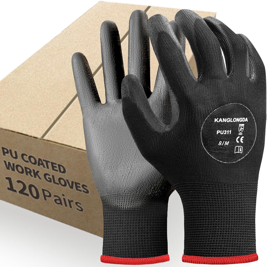 Kebada 120 Pairs Work Gloves Bulk Pack, Mens Work Gloves with Grip, PU Dipped Gloves for Warehouse, Construction, Gardening and Mechanics, Black, Medium