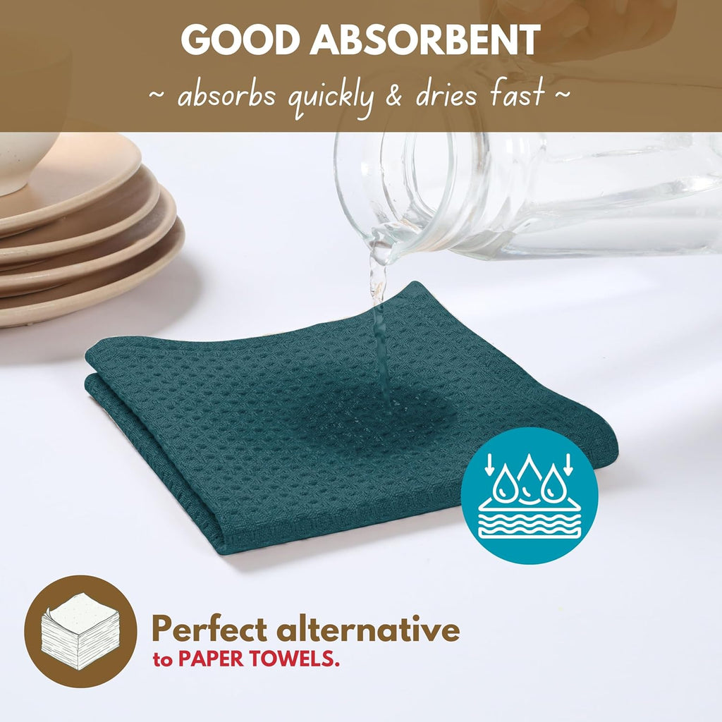 Native Fab 6 Pack Waffle Dish Cloths - 100% Cotton Absorbent, Quick Drying & Soft Towels for Cleaning, Cooking & Baking - Ideal for Home, Restaurants & Cafes - 12x12 Inches - Teal Green