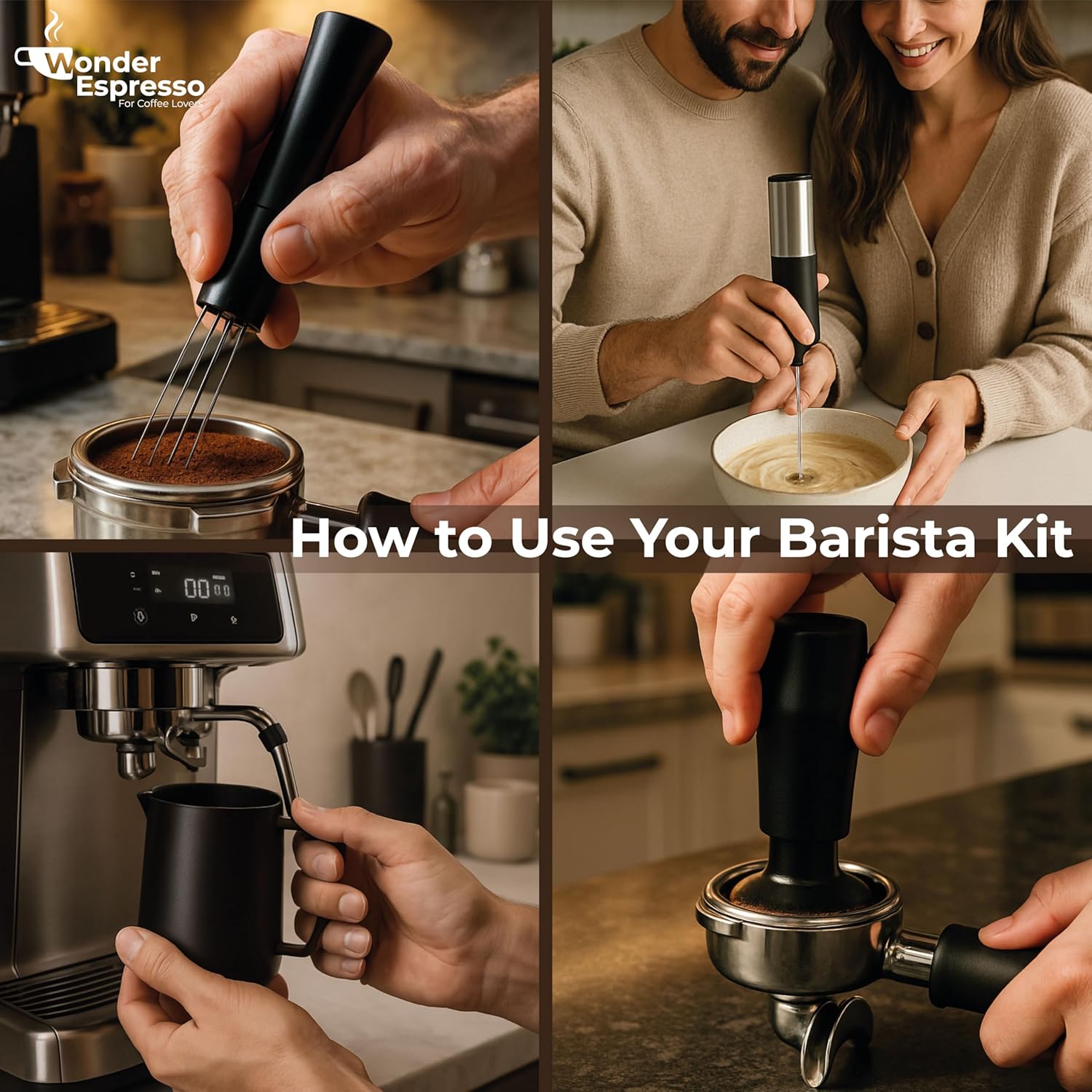 WDT Tool Espresso Magnetic, Espresso Tool Kit, Coffee Tamper 51mm, Milk Frother Handheld, Frothing Pitcher Stainless Steel, Electric Drink Mixer Wand, Barista Tools for Coffee Lovers