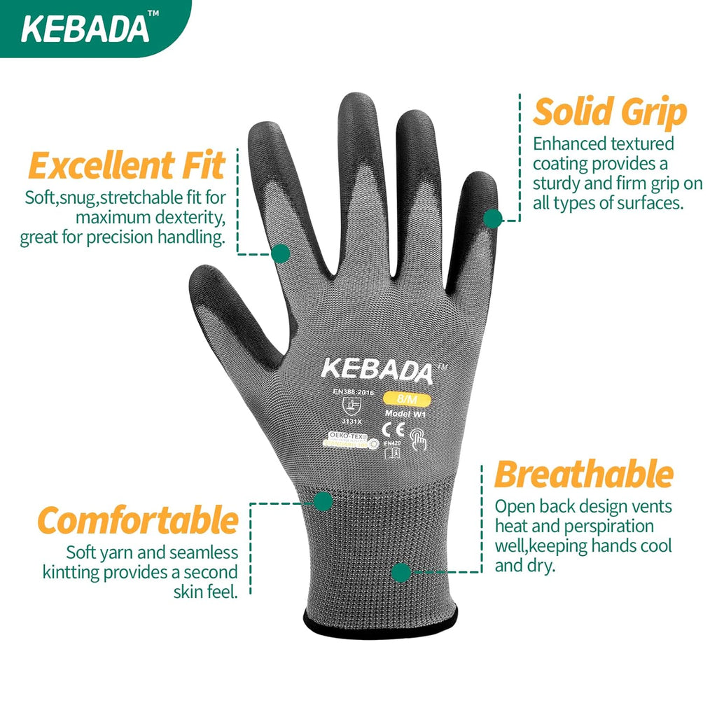Kebada W1 Work Gloves for Men and Women, Touchscreen PU Coated Gloves with Grip, 50 Pairs Bulk Pack, Ideal for Warehouse Package Handling, Construction, Gardening, Gray XX-Large