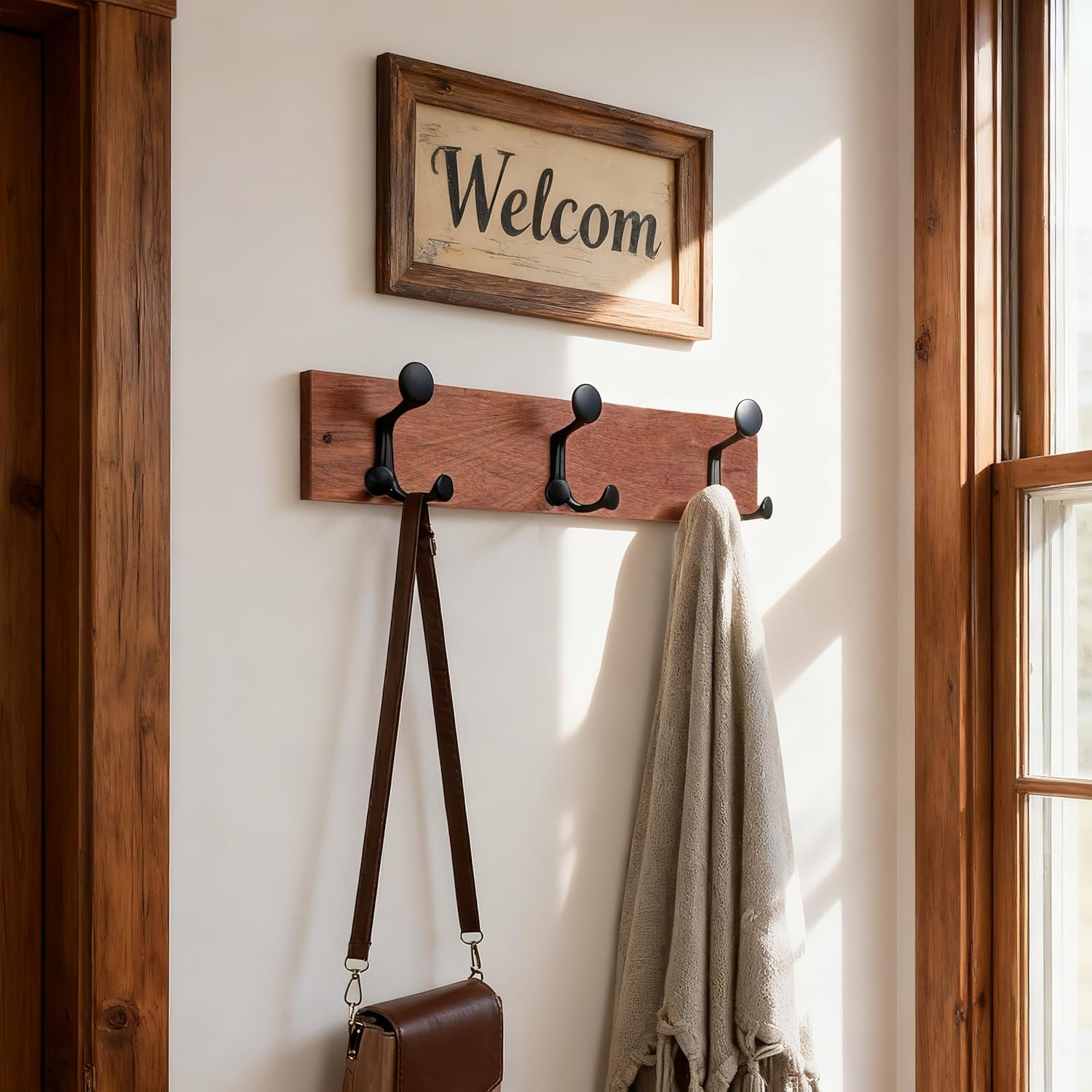 SKOLOO 17-Inch Wood Coat Rack Wall Mount with 3 Triple Hooks - Ideal for Family Entrances, Classrooms, and Pet Supplies Storage - Perfect Coat Hooks for Wall,Mahogany (Sapele)