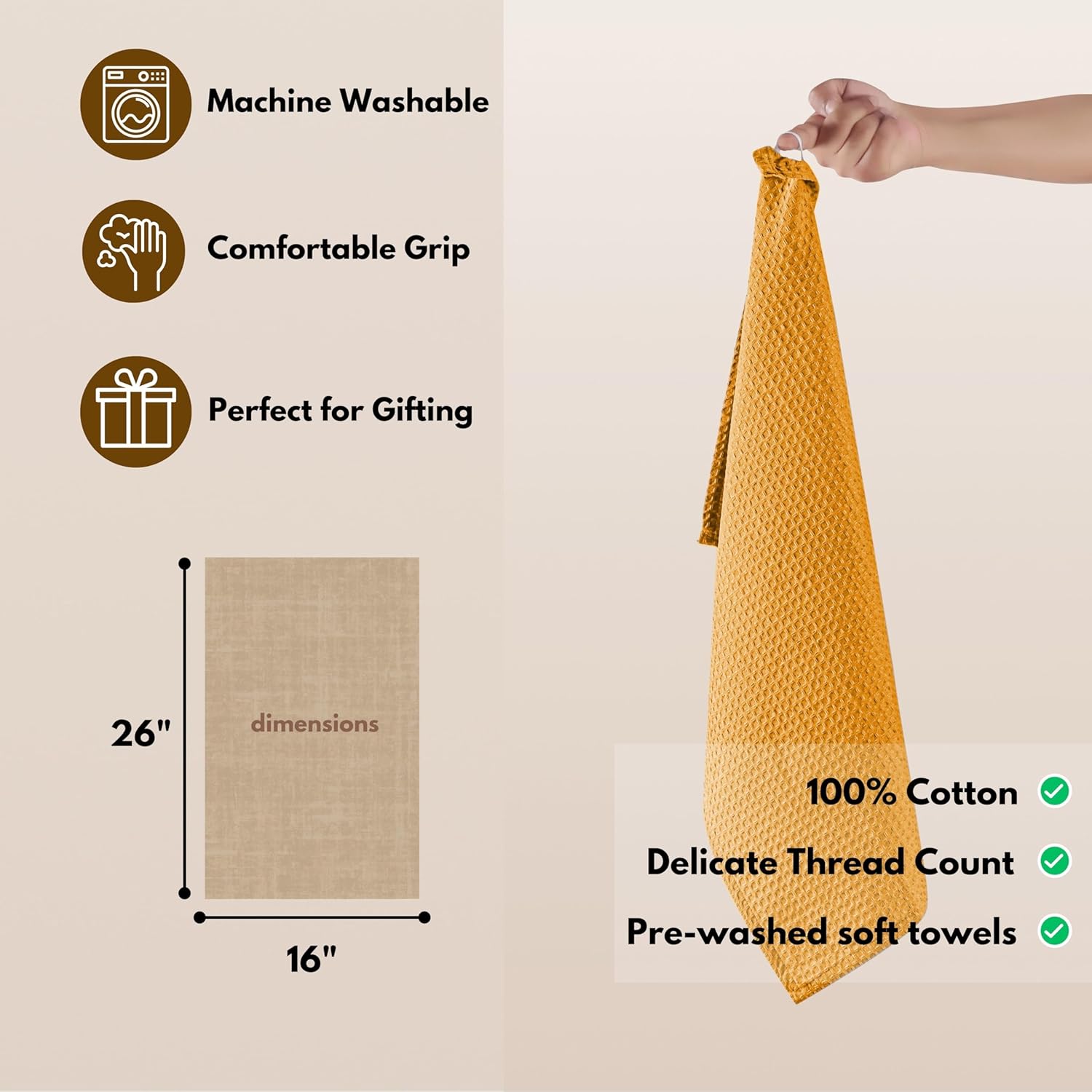 Native Fab Cotton Kitchen Towel with Hanging Loop 16x26 inches, 12-Pack, Waffle Weave Kitchen Towels for Cleaning Drying, Washcloths Soft & Absorbent Cloth Rags, Bar Towel, Dish Cloth, Mustard Yellow