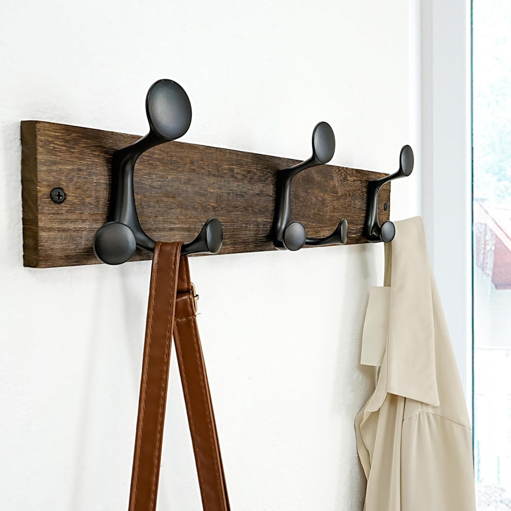 SKOLOO 17-Inch Wood Burnt Coat Rack Wall Mount with 3 Triple Hooks - Ideal for Family Entrances, Classrooms, and Pet Supplies Storage - Perfect Coat Hooks for Wall, Pack of 2