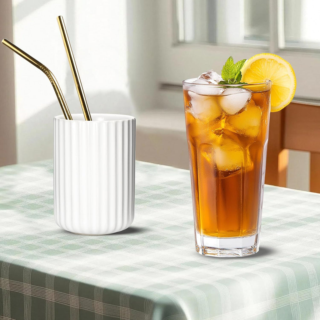 Ceramic Spoon Holder for Coffee Bar, Upright Tea Spoon Holder Cup, Coffee Stirrers Straws Stir Stick Holder, Black Fluted Surface