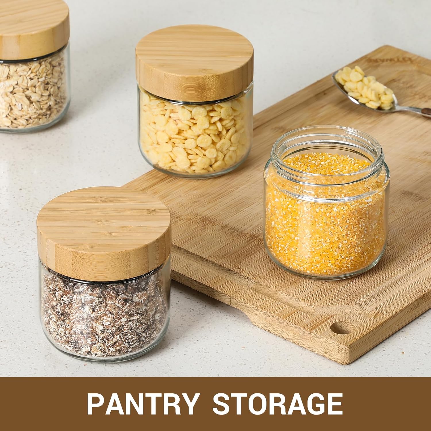 NETANY 4-pack 8oz Glass jars with Airtight Lids, Overnight Oats Containers with Bamboo Lids, Wide mouth Mason Salad jars, Glass Food Storage Containers for Snacks Yogurt Spice Sugar