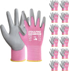 DULFINE Work Gloves for Men PU Coated 12 Pairs Bulk Pack,Pink Seamless Knit Glove with thin Polyurethane,Two Finger Touchscreen, for Men and Women, Ideal for Light Duty Work. (Extra Large)