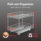 Pull Out Cabinet Organizer(14" W x 21" D), 2 Tier Slide Out Shelves with Wood Handle, Sliding Drawer Pull Storage Shelf for 15-1/4” Cabinet Opening, Chrome