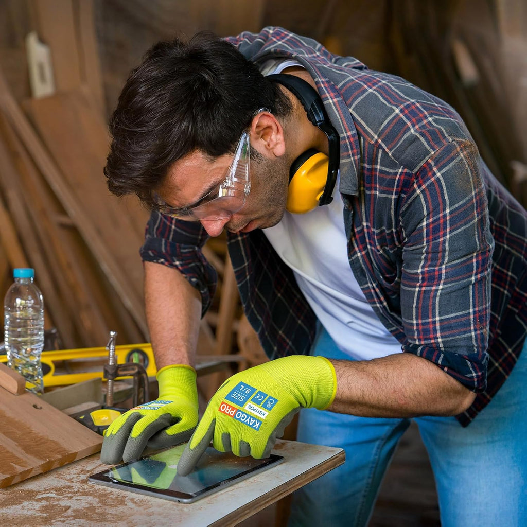 KAYGO Safety Work Gloves PU Coated for Men and Women, KG11P 12 Pairs, Seamless Knit Glove with Two Fingers Touchscreen,Ideal for General Duty Work (Green,S)