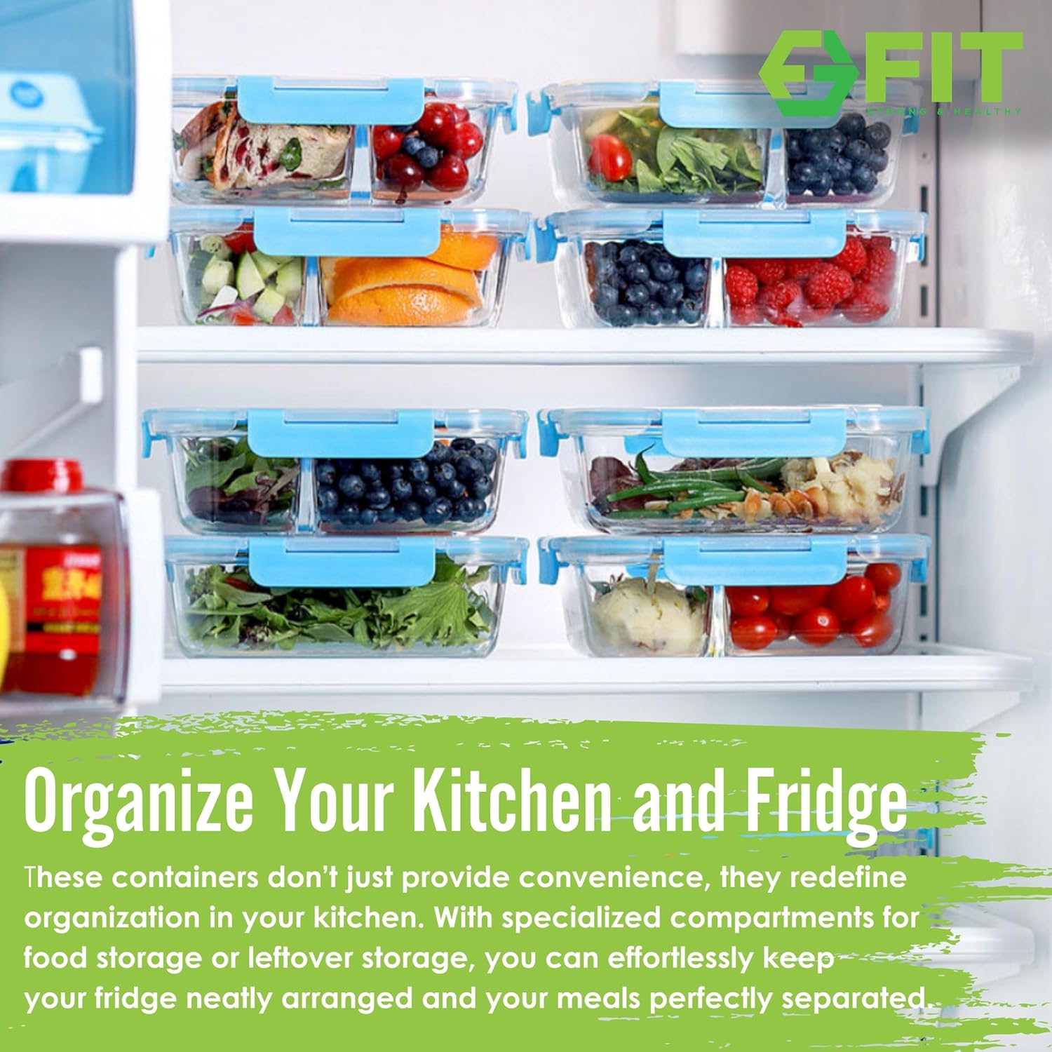 FIT Strong & Healthy Glass Meal Prep Containers 3 Compartment - Bento Box Adult Lunch Containers – Glass Snack Container with Lids, Leak-Proof Cover, Sectioned Storage Container, 32oz, Blue, 3 Pack