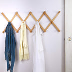 Dseap Accordian Wall Hanger: 16” High Wooden Wall Expandable Coat Rack, Hat Rack Holder, Accordion Hook for Baseball Caps, Coats, Mugs, 14 Peg Hooks, Natural